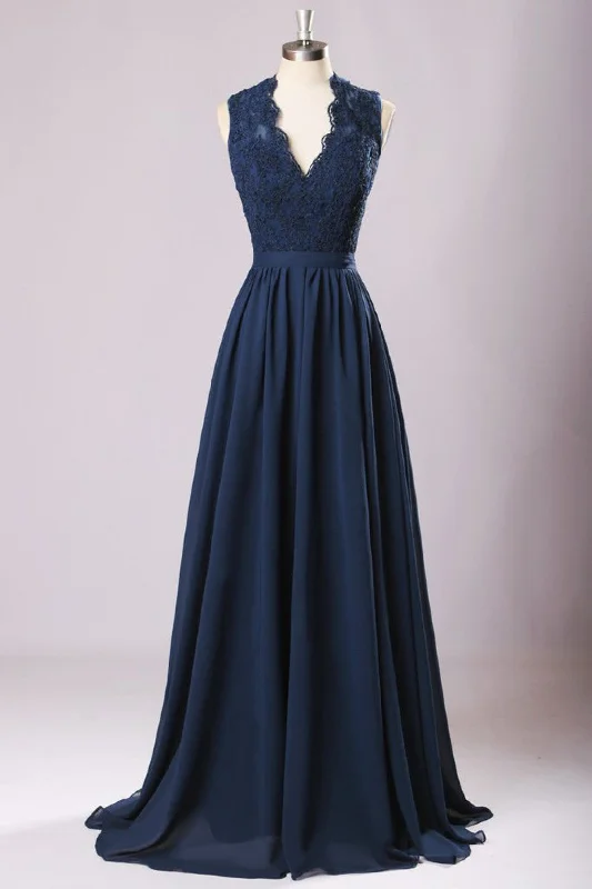 Big Savings Backless Navy Blue Lace Long Bridesmaid Dress