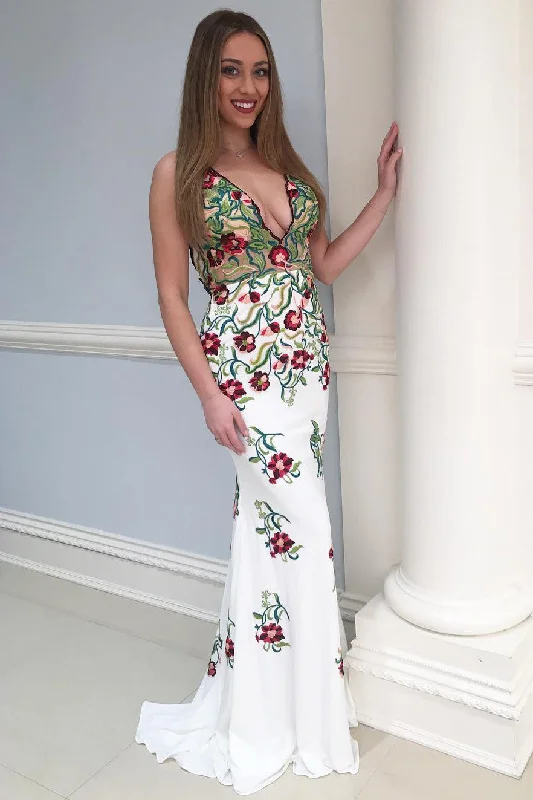 Price Meltdown Mermaid Backless Floral Long Prom Dress with Embroidery