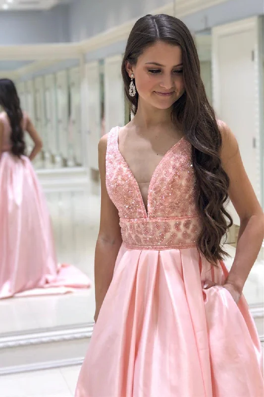 Early Access Eleagnt Pink Long Prom Dress with Pockets