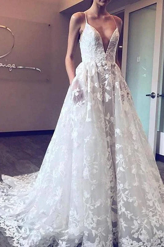 Overstock Long Spaghetti Strap A-line White Wedding Dress with Pockets