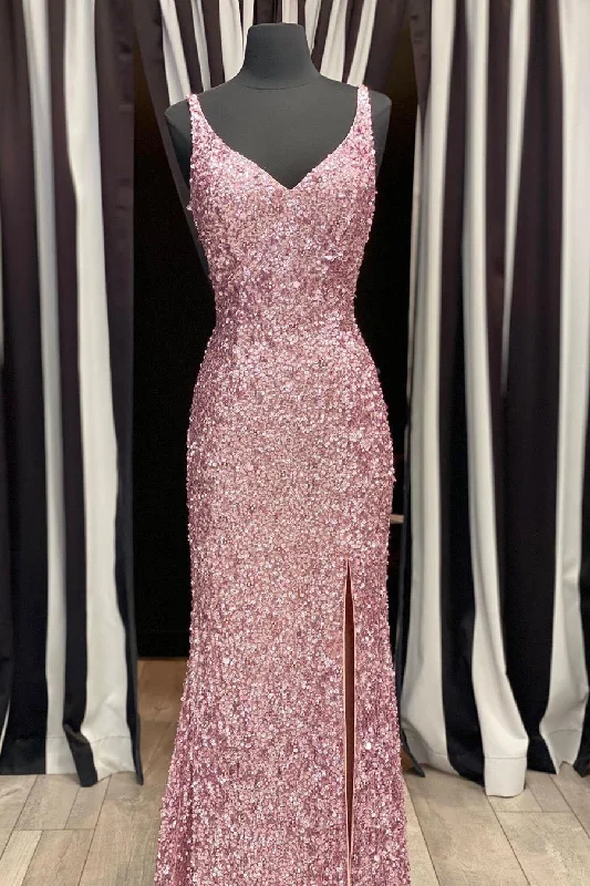 Value Deals Gorgeous Mermaid V-Neck Pearl Pink Long Prom Dress with Slit