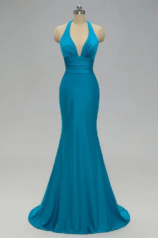 Unbeatable Prices Sexy Mermaid Backless Blue Bridesmaid Dress with Tie Back