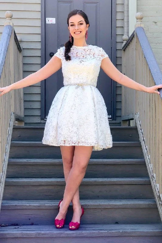 Daily Deals Elegant Cap Sleeves Short White Lace Homecoming Dress