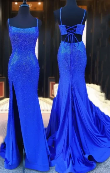Special Offer Royal Blue Beaded High Slit Mermaid Prom Dress