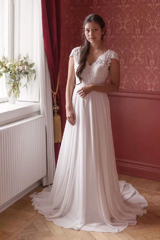 Fantastic Offers A-line Cap Sleeves White Chiffon Wedding Dress with Lace