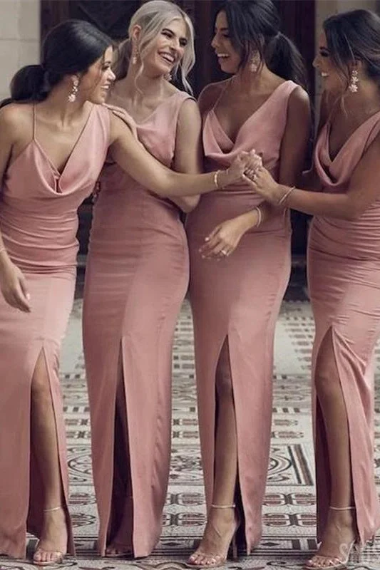 Buy More, Save More Elegant Blush Pink Cowl Neeck Bridesmaid Dress with Slit