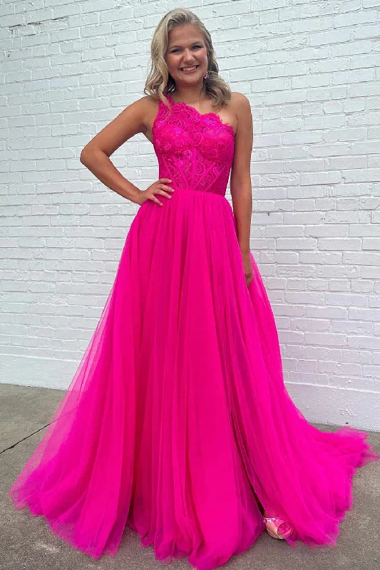 Can't Miss One Shoulder Fuchsia Lace Top A-Line Tulle Prom Dress