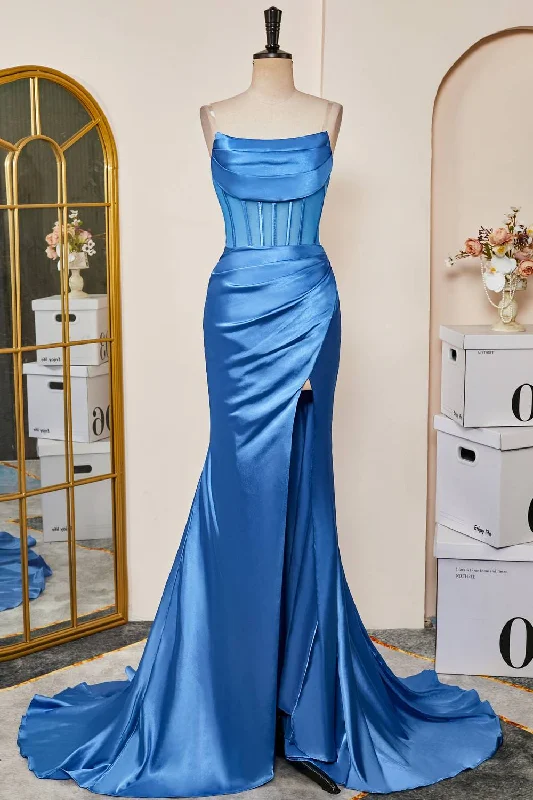 Massive Deals Strapless Blue Ruched Satin Prom Dress with Slit
