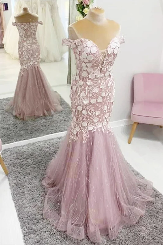 Super Deal Off the Shoulder Blush Pink Mermaid Prom Dress with Appliques