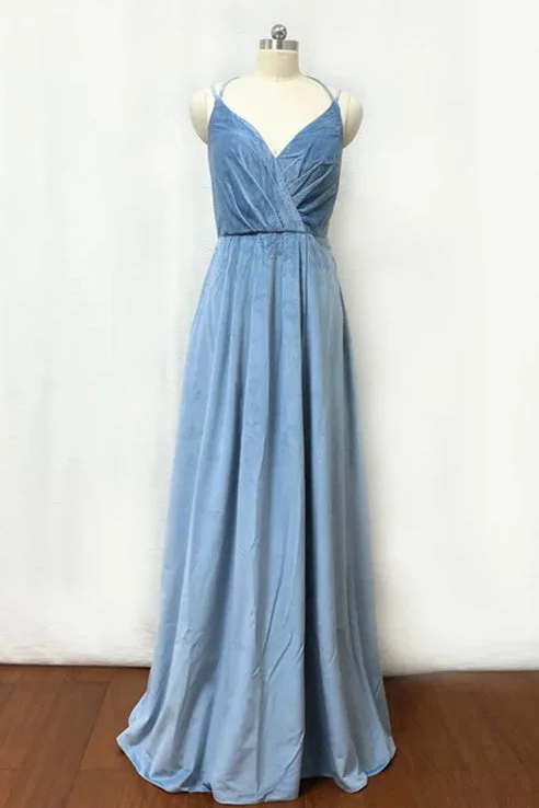 Sneak Peek Sale Double-Strap Dusty Blue Velvet Long Bridesmaid Dress