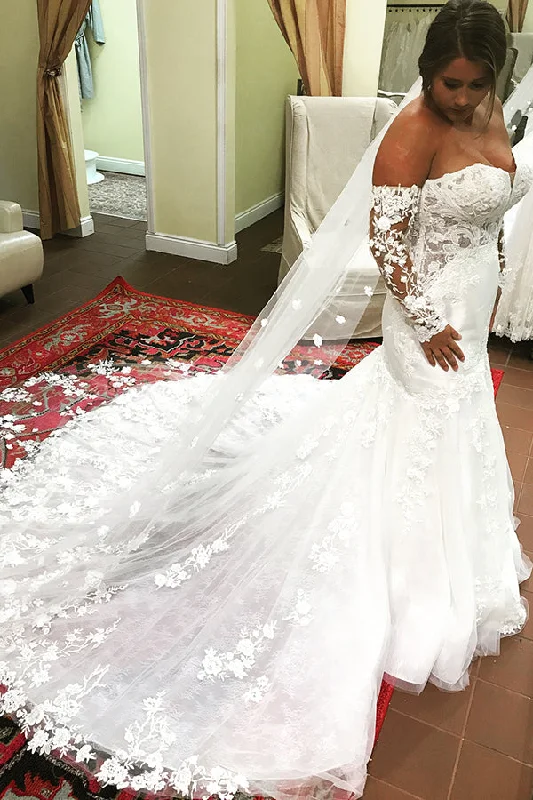 Steals and Deals Long Mermaid Off Shoulder White Wedding Dress with Lace