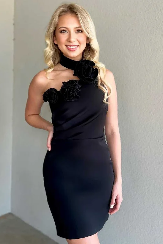 Amazing Deals Black Halter Rosette Fitted Mini Dress