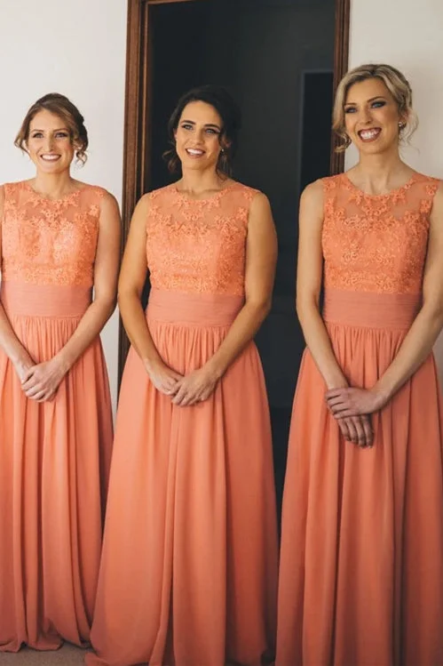 Doorbuster Deal Long A-line Peach Bridesmaid Dress with Lace Appliques
