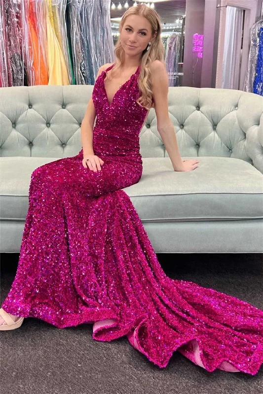 Steals and Deals Mermaid V Neck Crossed Back Sequins Sweeping Long Prom Dress