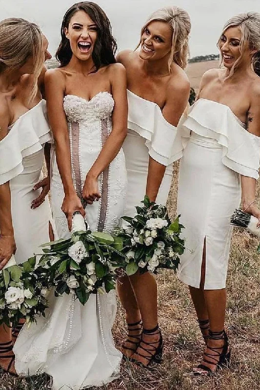 Fantastic Offers Off Shoulder Sheath Knee-Length White Bridesmaid Dress