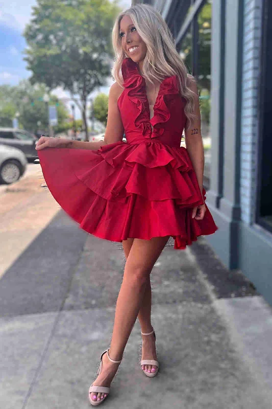 Deal Dash Red Halter Pleated A-Line Ruffle Homecoming Dress