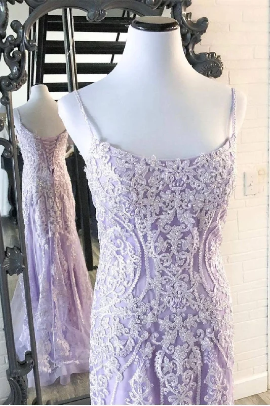Clearance Items Mermaid Spaghetti Straps Lavender Lace Long Prom Dress