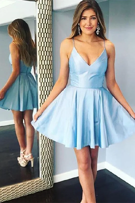 Act Now Double Straps Short Sky Blue Party Dress