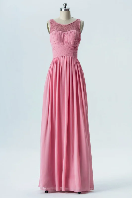 Super Bargain Candy Pink Crew Neck Chiffon Bridesmaid Dress