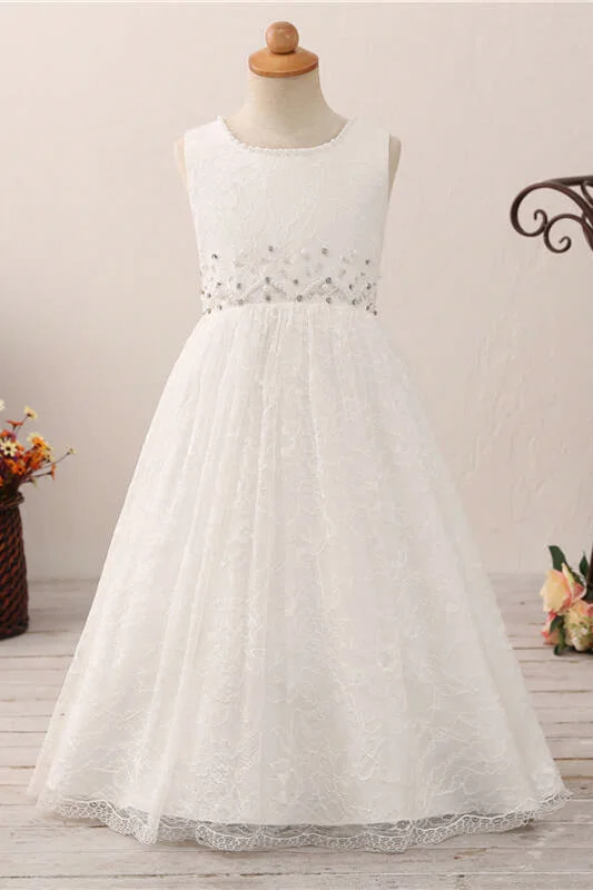 Reduced Prices Adorable Pearls White Lace Flower Girl Dress with Bow