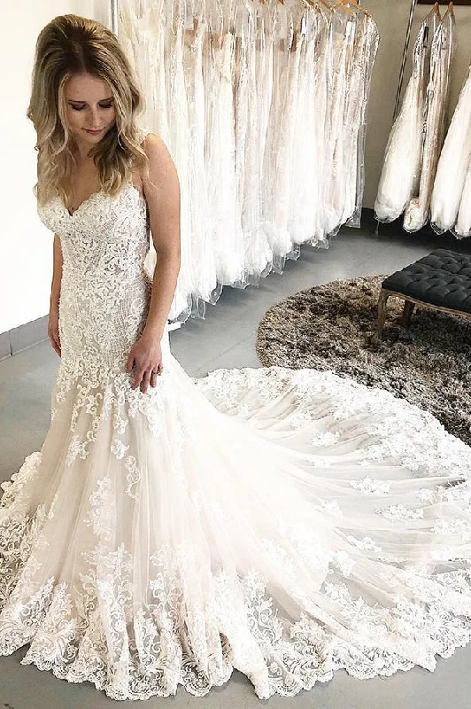 Low Prices Princess Long Straps Mermaid Ivory Bridal Dress with Lace