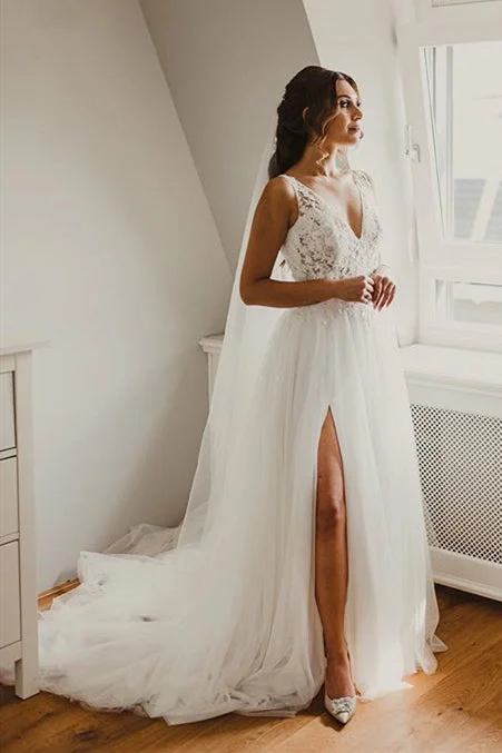 Online Exclusive Long A-line V-Neck Lace White Wedding Dress with Slit