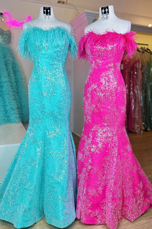 Blowout Deals Strapless Sequins-Embroidered Mermaid Prom Dress with Feathers