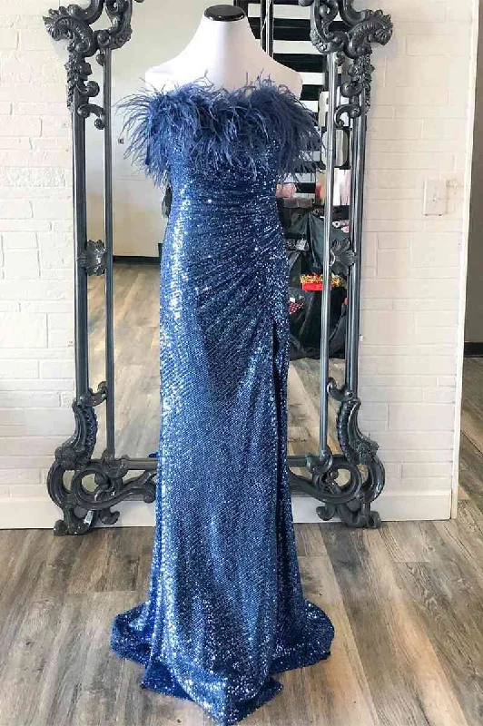 Markdown Madness Sequins Blue Strapless Feather Long Formal Dress with Slit