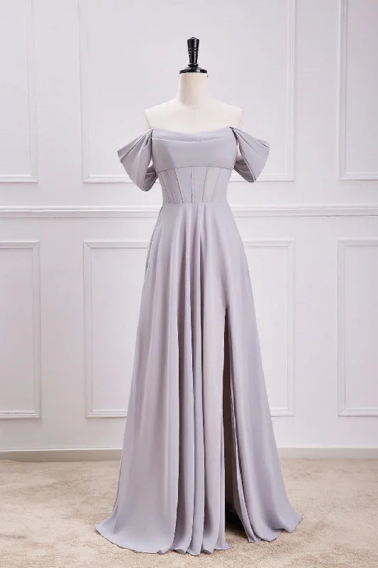 Massive Deals Grey Off the Shoulder Chiffon A-Line Bridesmaid Dress