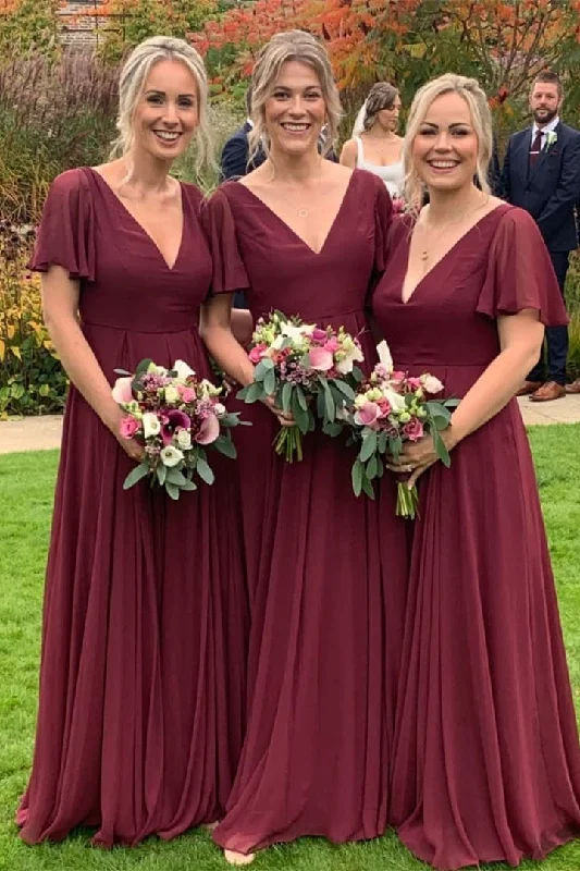 Final Markdown Burgundy V-Neck Chiffon Long Bridesmaid Dress
