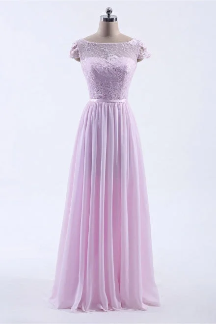 Don't Wait Cap Sleeves Pink Lace Long Prom Dress