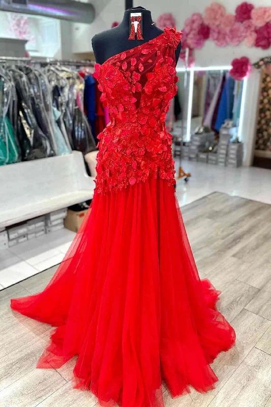 Season Finale Sale Red One Shoulder Leaf Appliques Mermaid Prom Dress