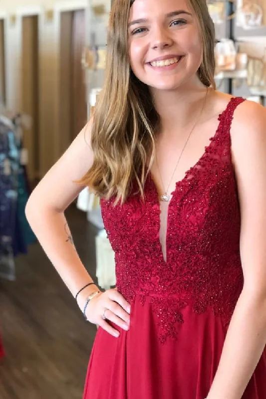 Weekend Deal Elegant Straps Beaded Burgundy Long Prom Dress with Lace Appliques