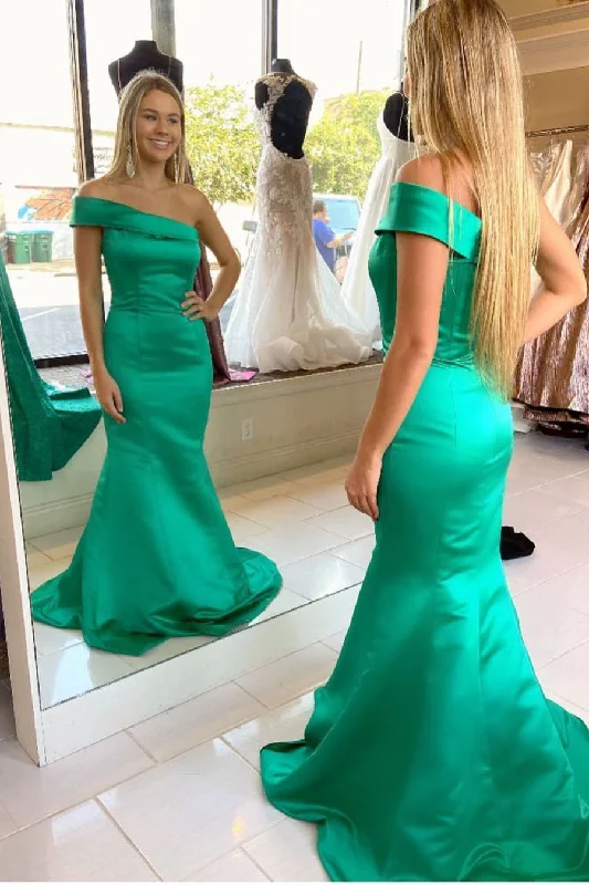 Bonus Savings Elegant Off the Shoulder Mermaid Green Satin Long Prom Dress