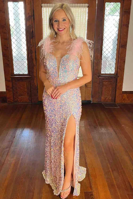 Limited Edition Feather Straps Pink Glitters Long Prom Dress