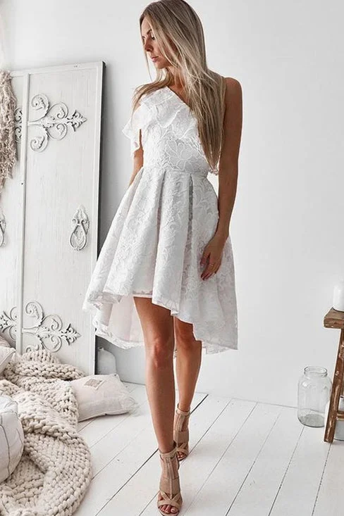 Overstock High Low Ruffles One Shoulder White Lace Bridesmaid Dress