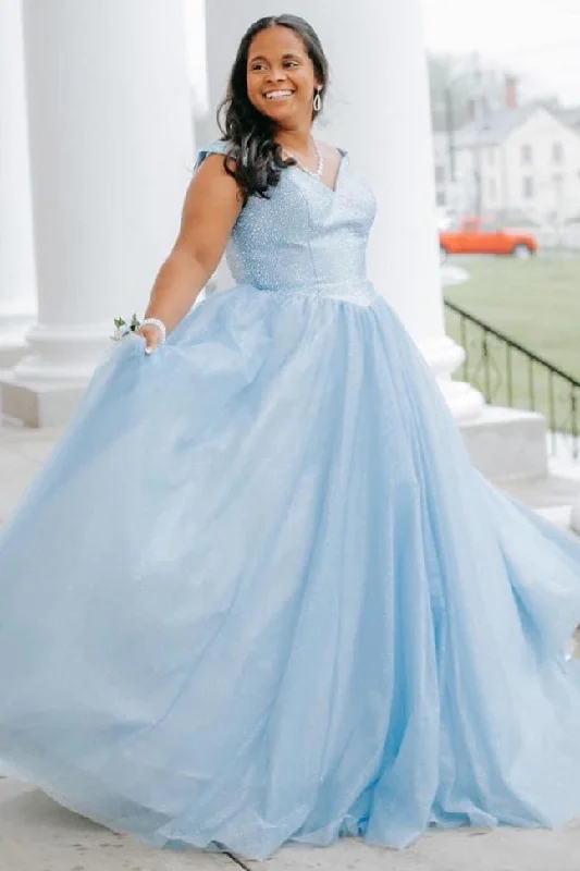 Great Deals Glitter Off the Shoulder Light Blue Long Prom Dress