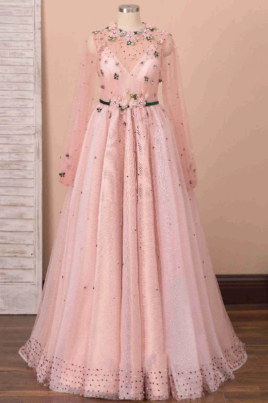 Stock Clearance A-Line Peach Pink Illusion Neck Beaded Tulle Prom Dress