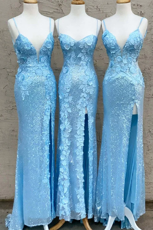 Overstock Sale Glitter Sky Blue Sequins Long Prom Dress with Flower Appliques