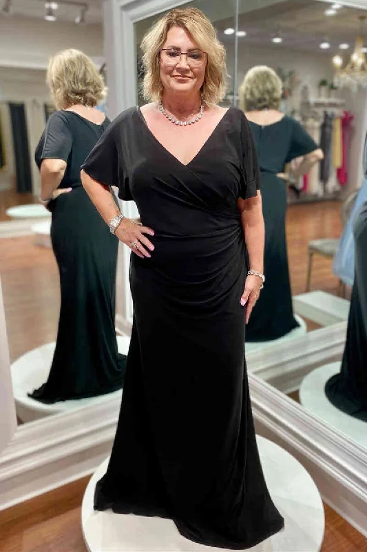 Steals and Deals Short Sleeves V-Neck Black Long Mother of Bride Dress