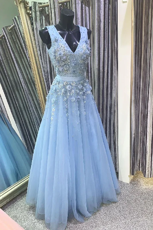 Closeout Elegant A-Line V Neck Appliques Sky Blue Long Prom Dress