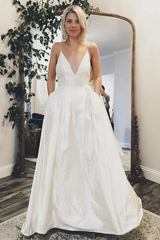 Incredible Offers Minimalist Long V-Neck A-line White Wedding Dress with Pockets