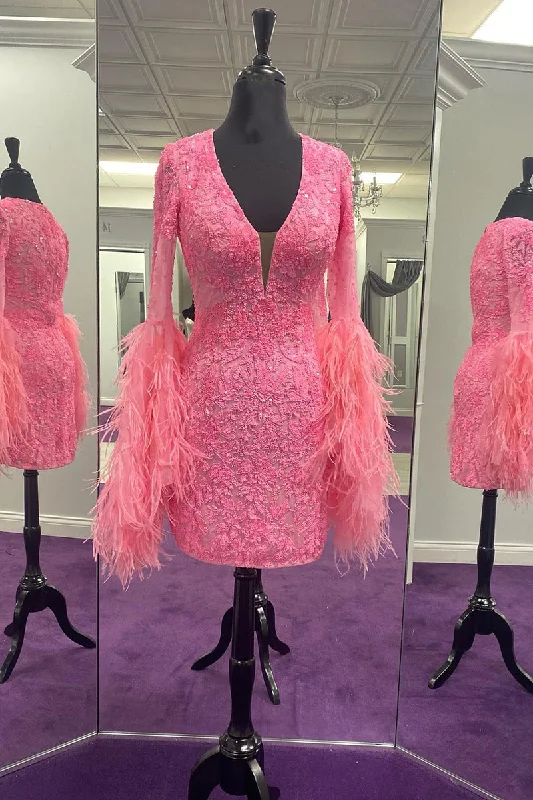 Discount Mania Plunging V-Neck Long Sleeves Tight Sequins Homecoming Dress with Feathers