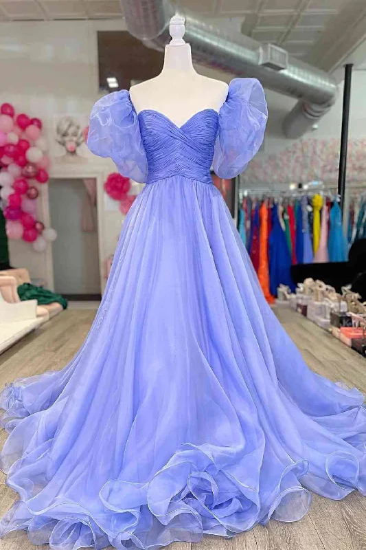 Must-Have Deals Princess Lavender Puff Sleeves Pleated Long Prom Dress