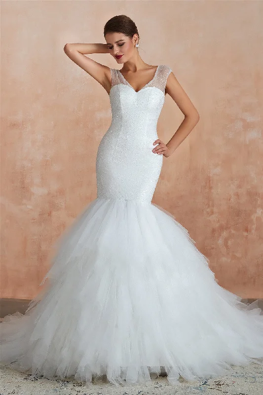 Instant Discount Long Lace-Up Back Mermaid White Wedding Dress with Layered Train