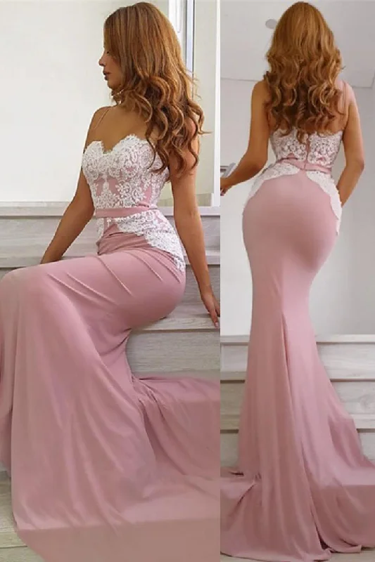 Price Cut Mermaid Spaghetti Straps Long Pink Bridesmaid Dress with Lace