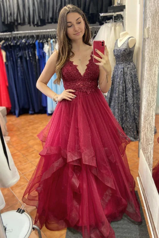 New Markdowns Elegant V Neck A-Line Cascading Ruffles Red Long Prom Dress