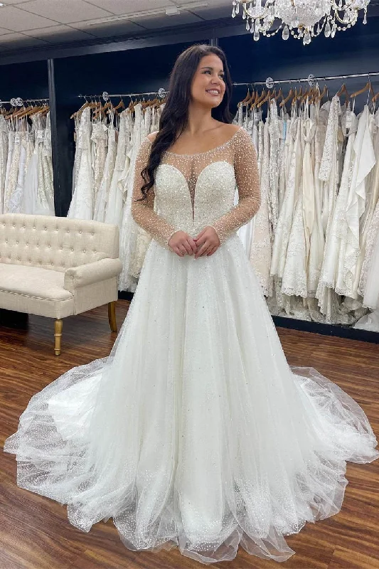 Year-End Sale Crew Neck White Beaded Tulle Wedding Dress with Illusion Sleeves