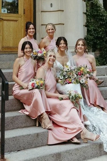 YEAR-End Sale Rose Gold Long Bridesmaid Dresses with Criss Cross Neck