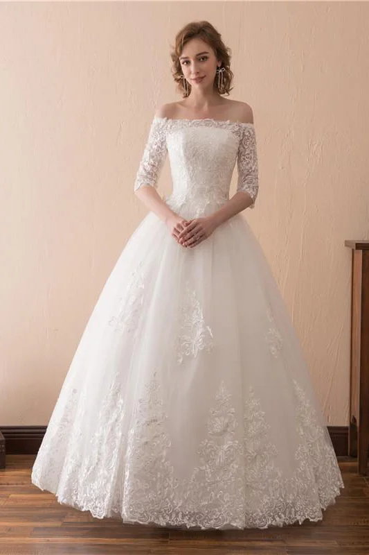Closeout Long Lace-Up A-line Off Shoulder Ivory Bridal Dress with Appliques